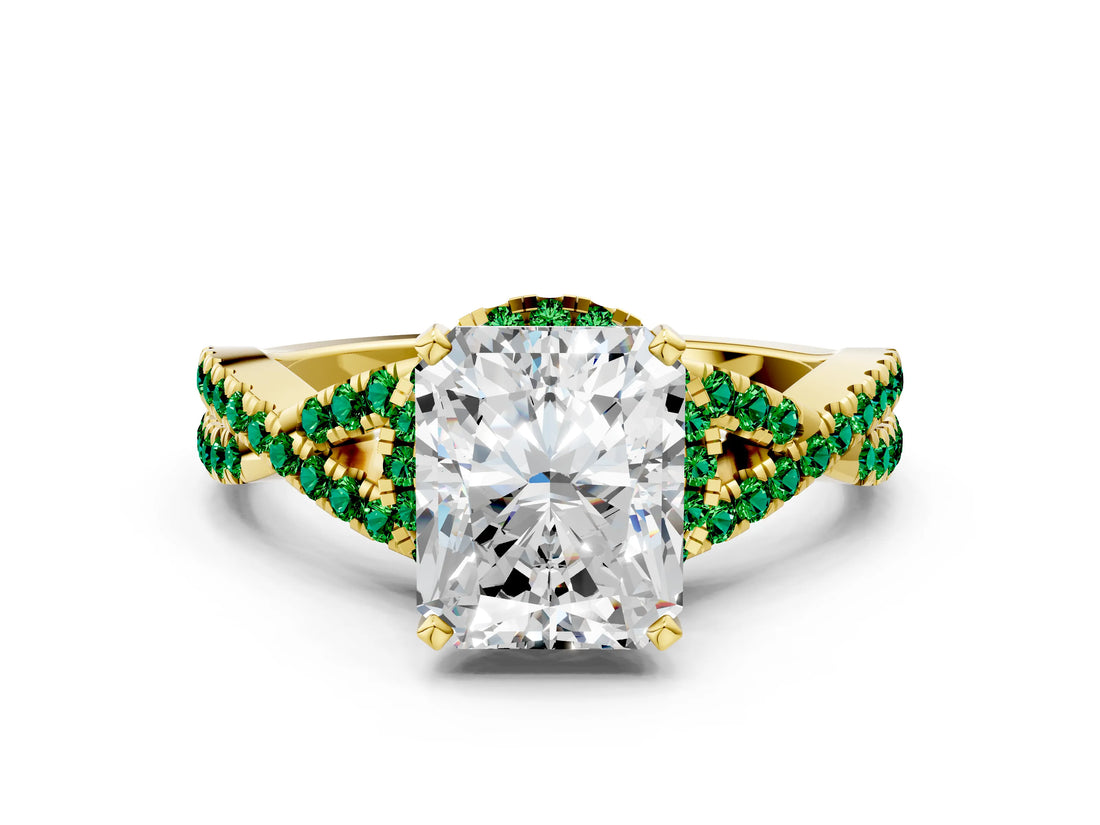 Yellow gold Radiant Cut Diamond with Emerald side stone Halo Twist Band Solitaire Prong Setting Ring_30
