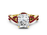 Yellow gold Radiant Cut Diamond with Garnet side stone Halo Twist Band Solitaire Prong Setting Ring_12