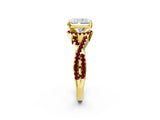 Yellow gold Radiant Cut Diamond with Garnet side stone Halo Twist Band Solitaire Prong Setting Ring_14