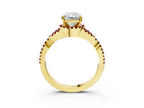 Yellow gold Radiant Cut Diamond with Garnet side stone Halo Twist Band Solitaire Prong Setting Ring_15
