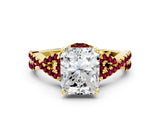 Yellow gold Radiant Cut Diamond with Garnet side stone Halo Twist Band Solitaire Prong Setting Ring_24