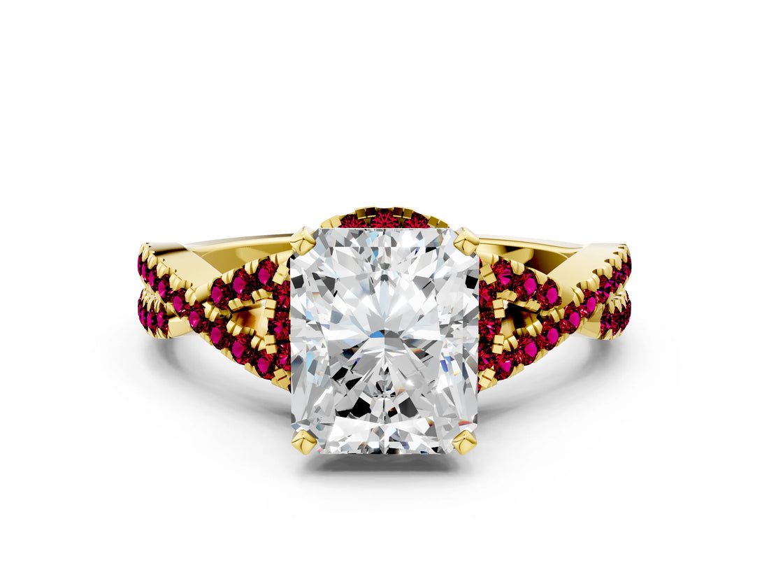 Yellow gold Radiant Cut Diamond with Garnet side stone Halo Twist Band Solitaire Prong Setting Ring_30