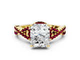 Yellow gold Radiant Cut Diamond with Garnet side stone Halo Twist Band Solitaire Prong Setting Ring_30