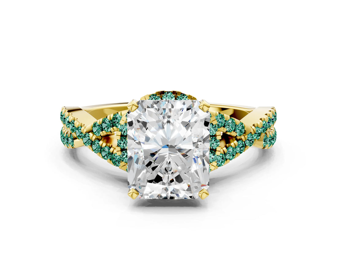 Yellow gold Radiant Cut Diamond with Green Sapphire side stone Halo Twist Band Solitaire Prong Setting Ring_12