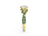 Yellow gold Radiant Cut Diamond with Green Sapphire side stone Halo Twist Band Solitaire Prong Setting Ring_14