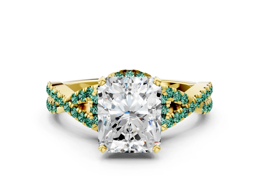 Yellow gold Radiant Cut Diamond with Green Sapphire side stone Halo Twist Band Solitaire Prong Setting Ring_42