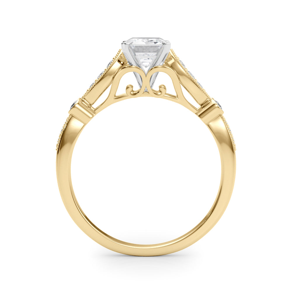 Yellow gold Radiant Cut Diamond with Milgrain Marquise and Bezel Accents on a Solitaire Band with Prong Setting 1