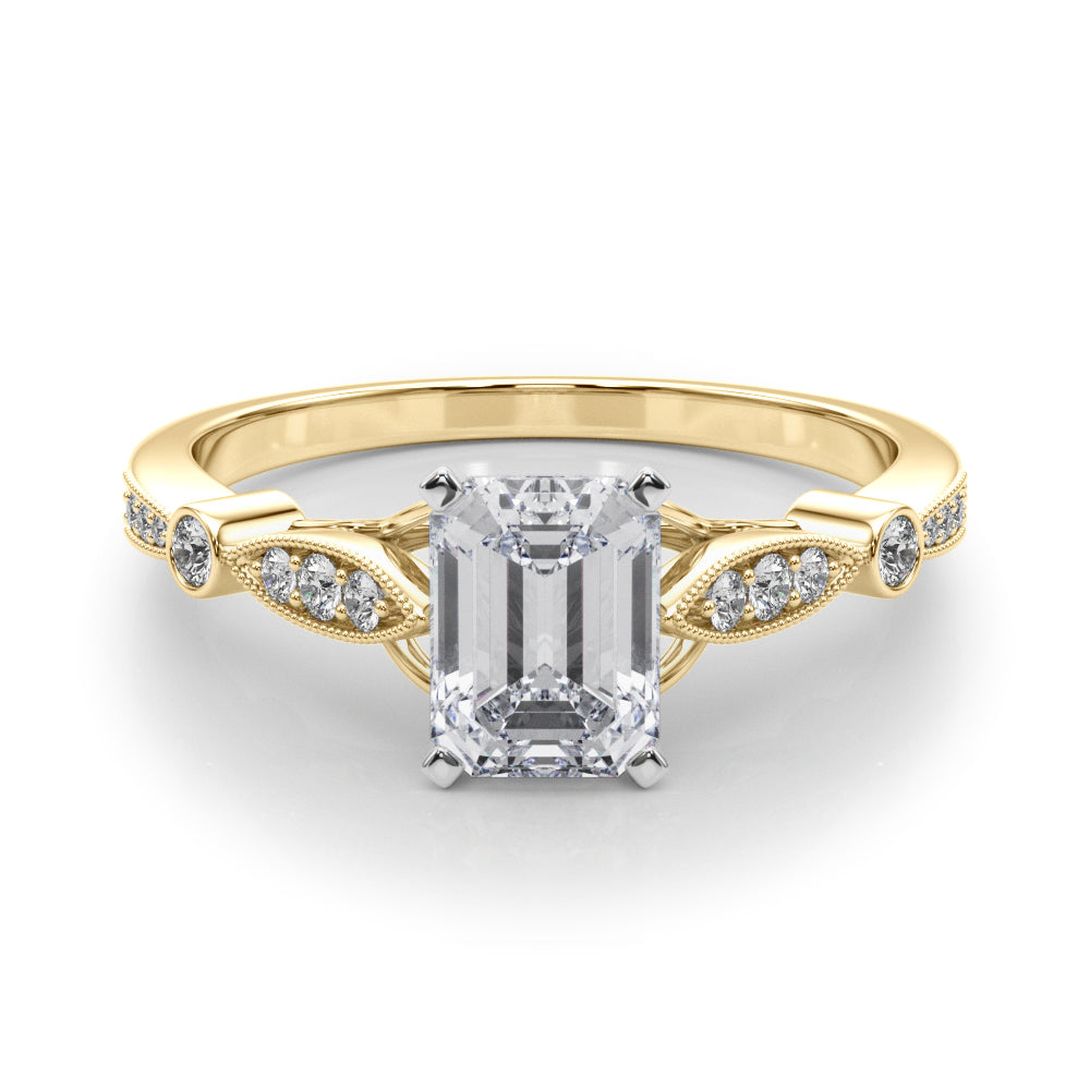 Yellow gold Radiant Cut Diamond with Milgrain Marquise and Bezel Accents on a Solitaire Band with Prong Setting