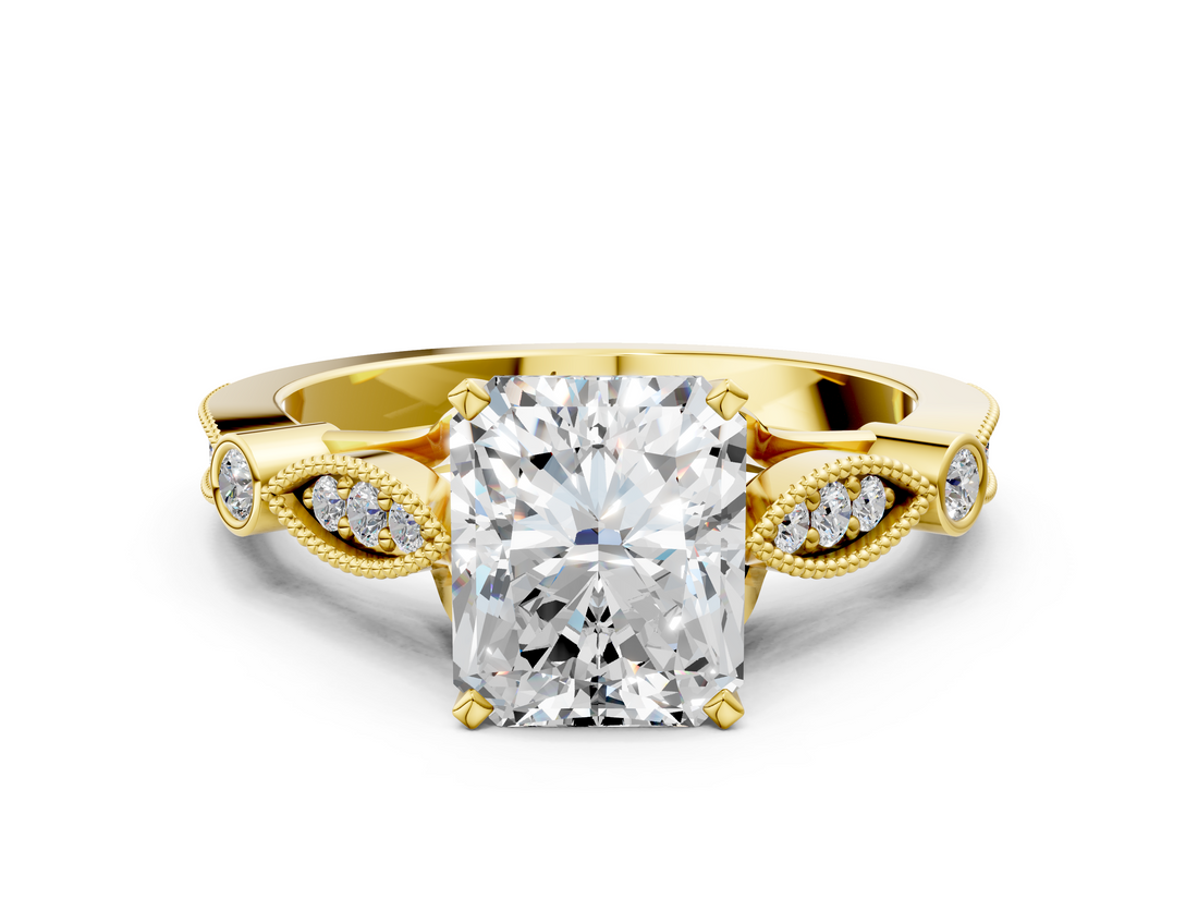Yellow gold Radiant Cut Diamond with Milgrain Marquise and Bezel Accents on a Solitaire Band with Prong Setting_222