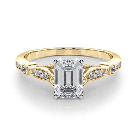 Yellow gold Radiant Cut Diamond with Milgrain Marquise and Bezel Accents on a Solitaire Band with Prong Setting