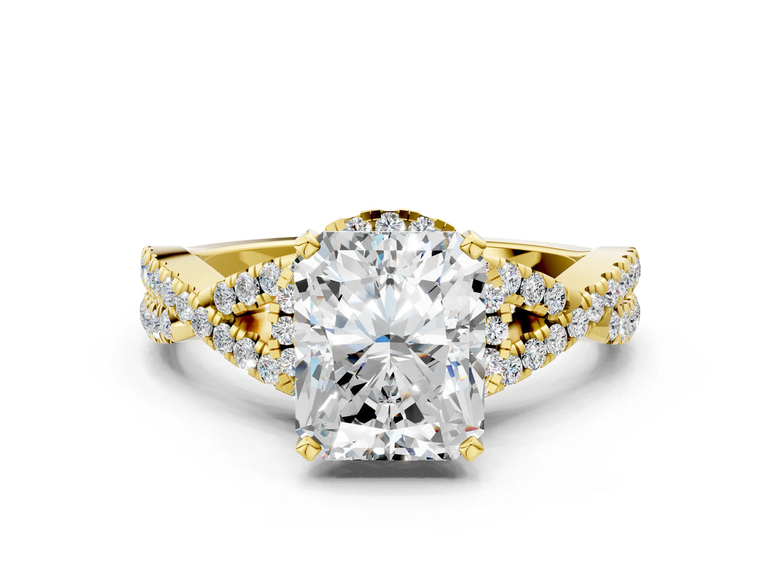 Yellow gold Radiant Cut Diamond with Moissanite side stone Halo Twist Band Solitaire Prong Setting Ring_12