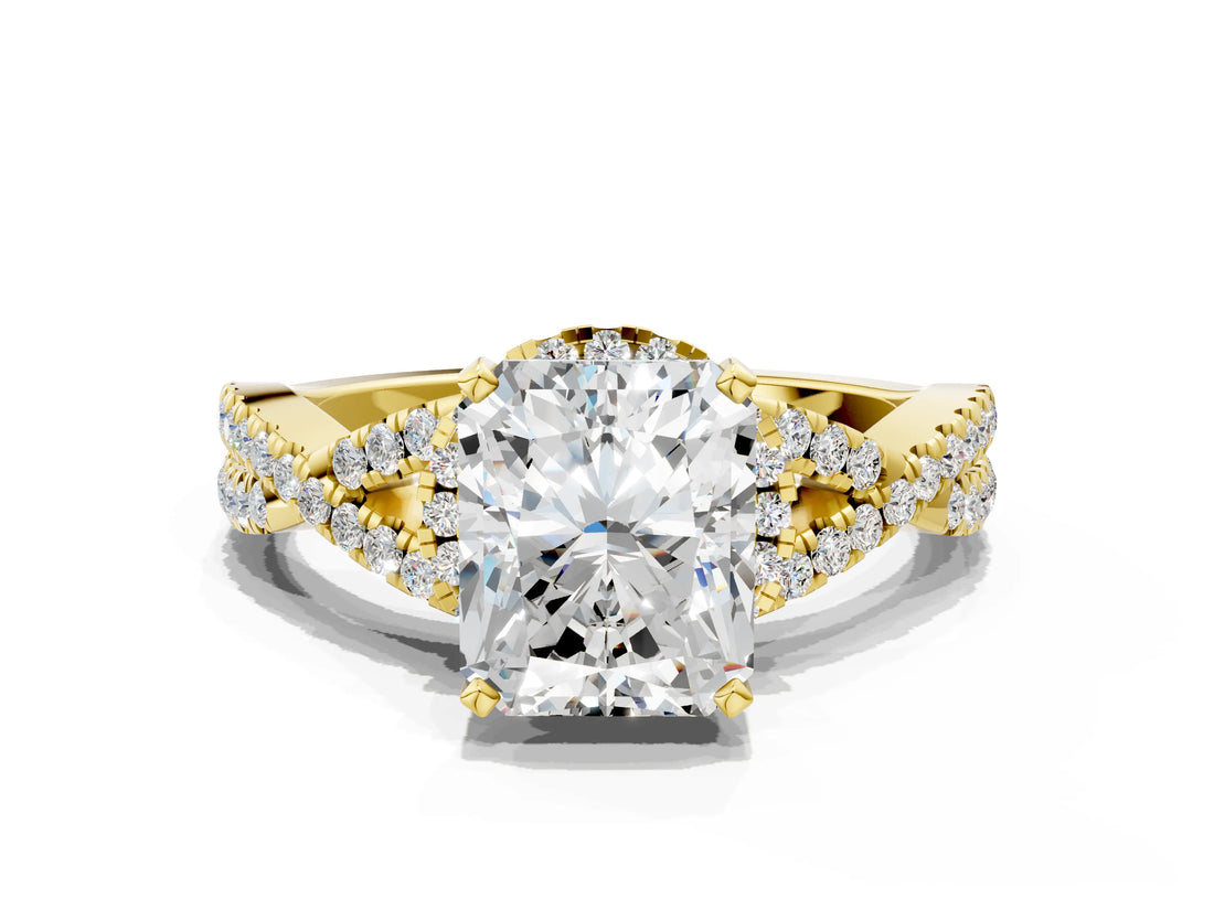 Yellow gold Radiant Cut Diamond with Moissanite side stone Halo Twist Band Solitaire Prong Setting Ring_30