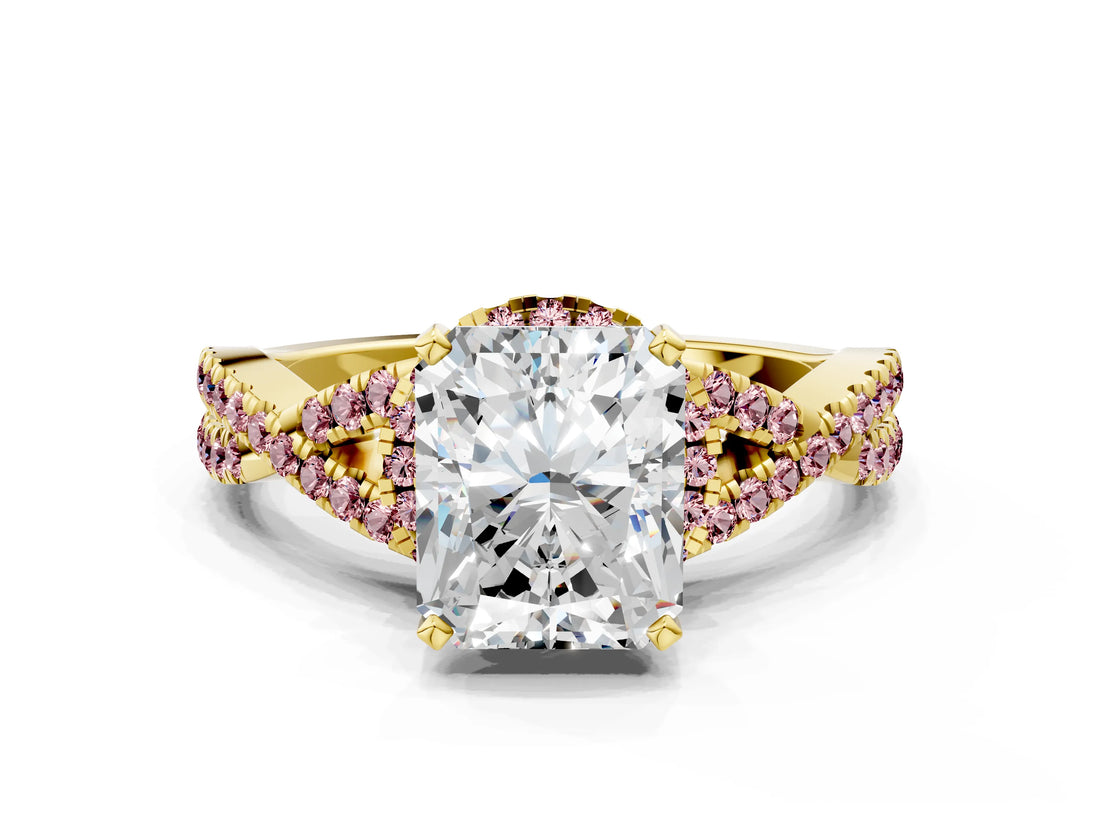 Yellow gold Radiant Cut Diamond with Morganite side stone Halo Twist Band Solitaire Prong Setting Ring_12