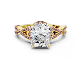 Yellow gold Radiant Cut Diamond with Morganite side stone Halo Twist Band Solitaire Prong Setting Ring_12