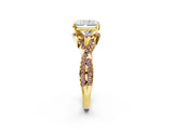 Yellow gold Radiant Cut Diamond with Morganite side stone Halo Twist Band Solitaire Prong Setting Ring_14