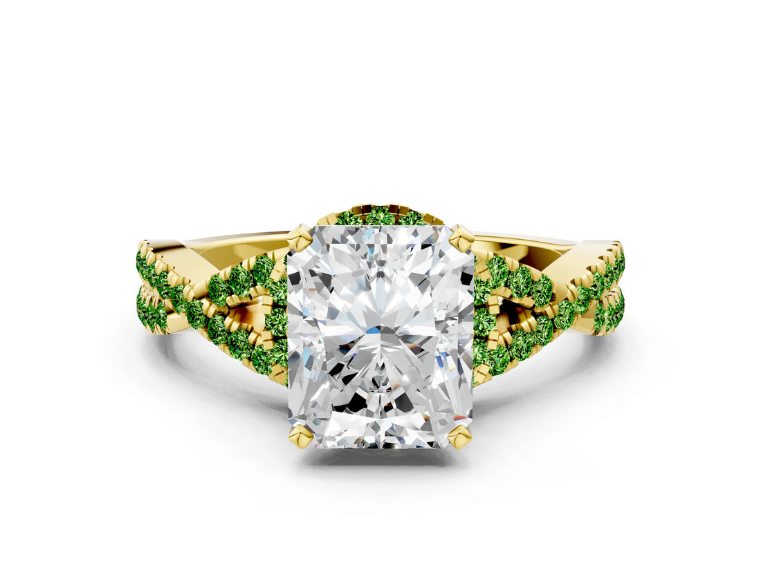 Yellow gold Radiant Cut Diamond with Peridot side stone Halo Twist Band Solitaire Prong Setting Ring_12