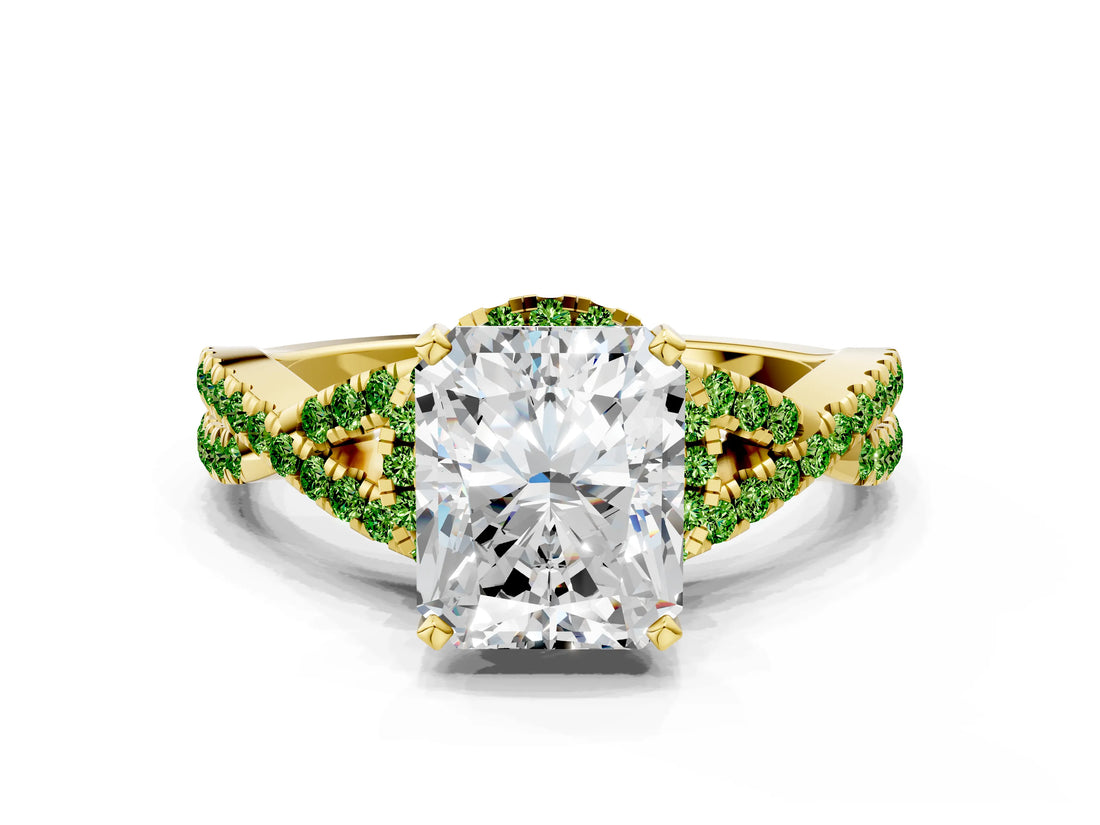 Yellow gold Radiant Cut Diamond with Peridot side stone Halo Twist Band Solitaire Prong Setting Ring_30