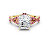 Yellow gold Radiant Cut Diamond with Pink Sapphire side stone Halo Twist Band Solitaire Prong Setting Ring_24