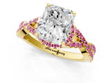 Yellow gold Radiant Cut Diamond with Pink Sapphire side stone Halo Twist Band Solitaire Prong Setting Ring_25