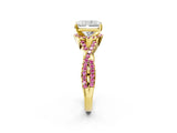 Yellow gold Radiant Cut Diamond with Pink Sapphire side stone Halo Twist Band Solitaire Prong Setting Ring_26