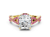 Yellow gold Radiant Cut Diamond with Pink Sapphire side stone Halo Twist Band Solitaire Prong Setting Ring_30