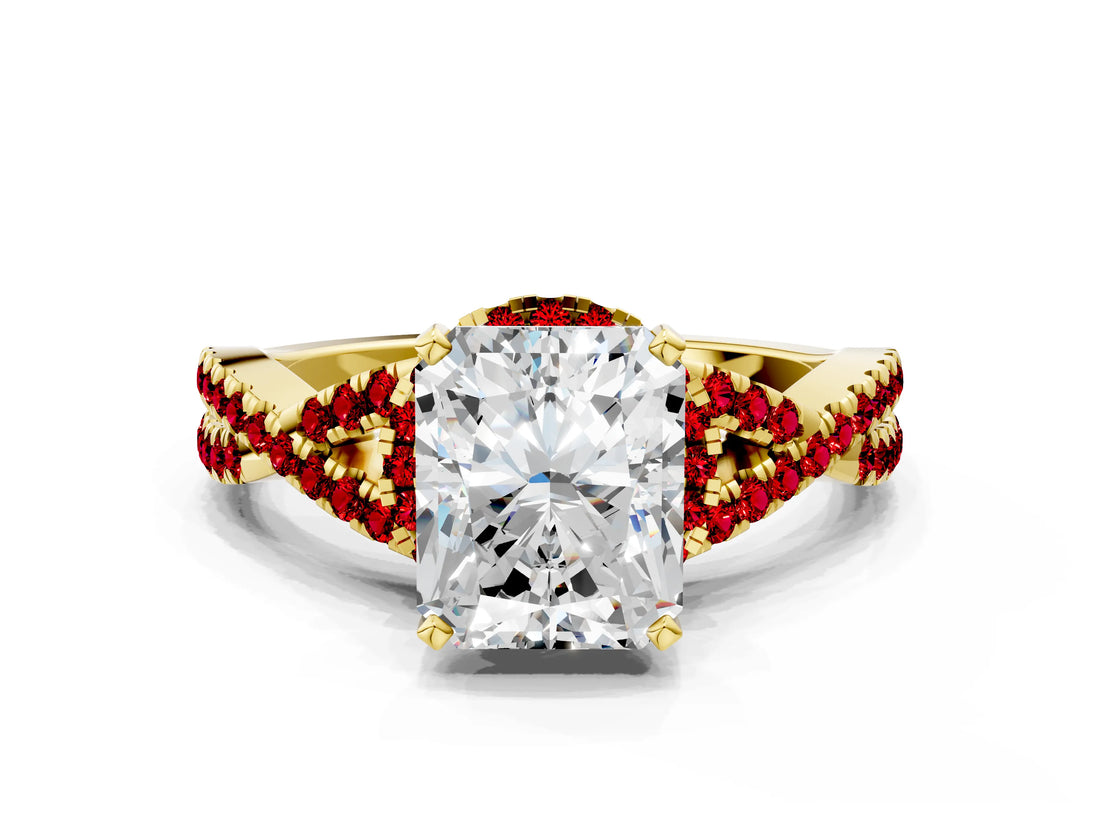 Yellow gold Radiant Cut Diamond with Ruby side stone Halo Twist Band Solitaire Prong Setting Ring_30