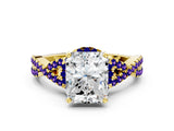 Yellow gold Radiant Cut Diamond with Tanzanite side stone Halo Twist Band Solitaire Prong Setting Ring_12