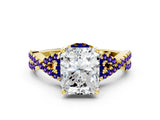 Yellow gold Radiant Cut Diamond with Tanzanite side stone Halo Twist Band Solitaire Prong Setting Ring_24
