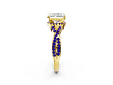 Yellow gold Radiant Cut Diamond with Tanzanite side stone Halo Twist Band Solitaire Prong Setting Ring_26