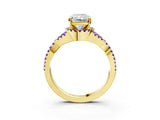Yellow gold Radiant Cut Diamond with Tanzanite side stone Halo Twist Band Solitaire Prong Setting Ring_27
