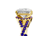 Yellow gold Radiant Cut Diamond with Tanzanite side stone Halo Twist Band Solitaire Prong Setting Ring_29