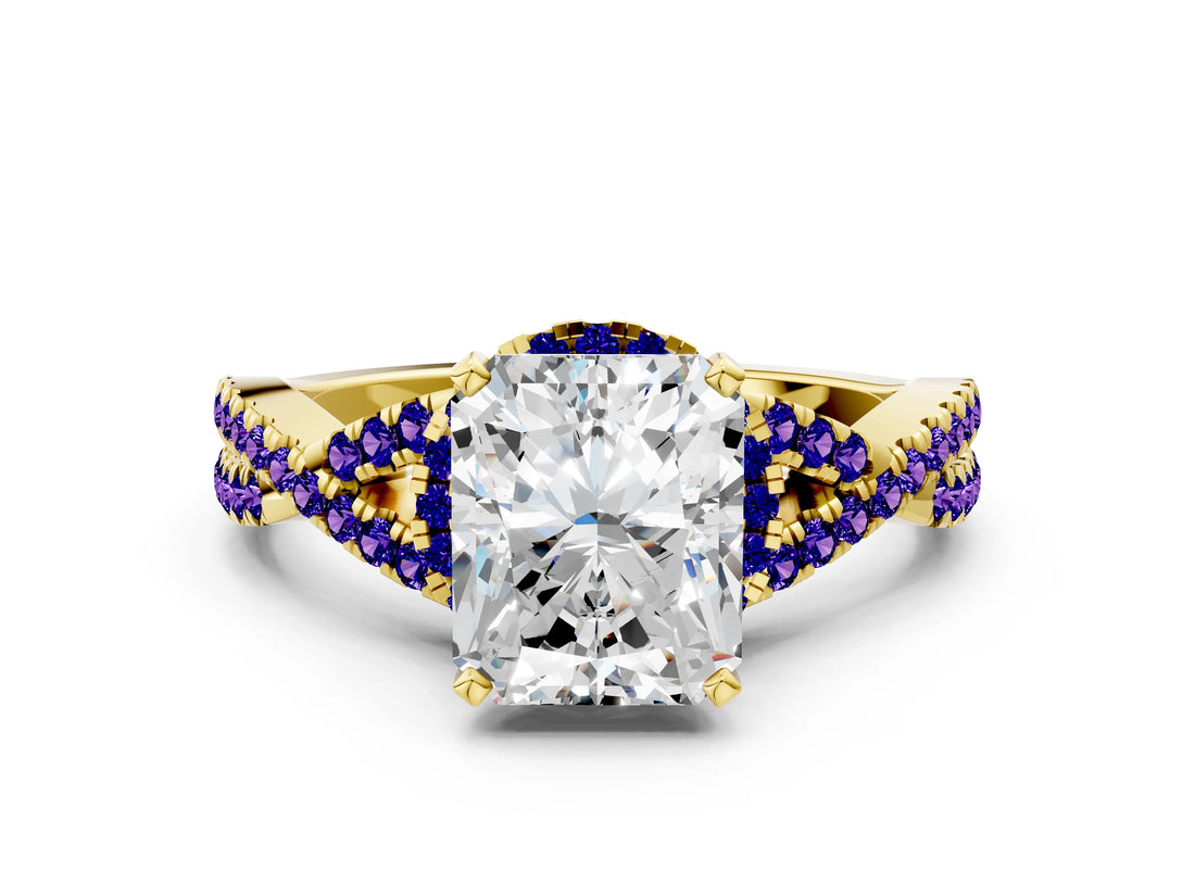 Yellow gold Radiant Cut Diamond with Tanzanite side stone Halo Twist Band Solitaire Prong Setting Ring_30
