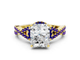 Yellow gold Radiant Cut Diamond with Tanzanite side stone Halo Twist Band Solitaire Prong Setting Ring_30