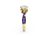 Yellow gold Radiant Cut Diamond with Tanzanite side stone Halo Twist Band Solitaire Prong Setting Ring_32