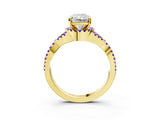 Yellow gold Radiant Cut Diamond with Tanzanite side stone Halo Twist Band Solitaire Prong Setting Ring_33