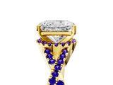 Yellow gold Radiant Cut Diamond with Tanzanite side stone Halo Twist Band Solitaire Prong Setting Ring_35