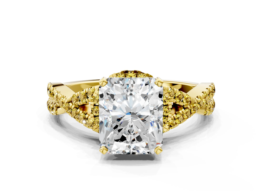 Yellow gold Radiant Cut Diamond with Yellow Sapphire side stone Halo Twist Band Solitaire Prong Setting Ring_12