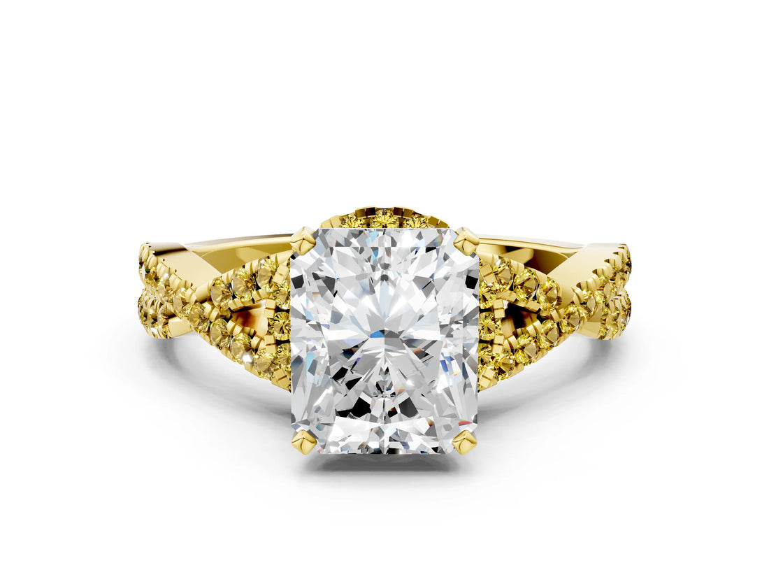 Yellow gold Radiant Cut Diamond with Yellow Sapphire side stone Halo Twist Band Solitaire Prong Setting Ring_30