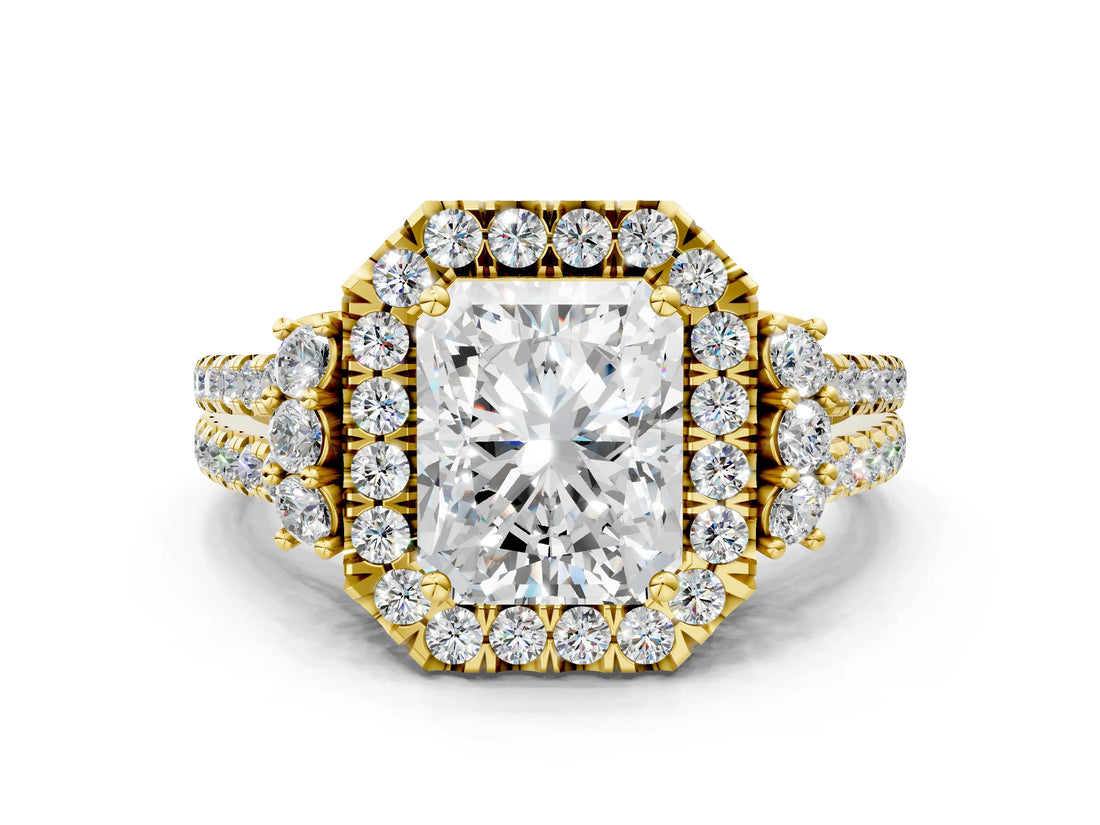 Yellow gold Radiant Cut Double Halo Diamond Engagement Ring with Pave Band and Four-Prong Setting