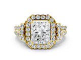 Yellow gold Radiant Cut Double Halo Diamond Engagement Ring with Pave Band and Four-Prong Setting