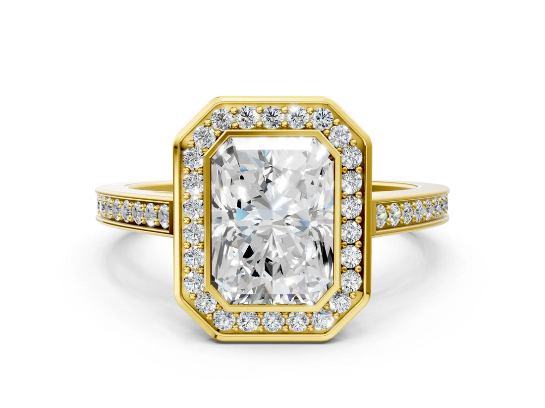 Yellow gold Radiant Cut Halo Bezel Diamond Pave Band Ring_9
