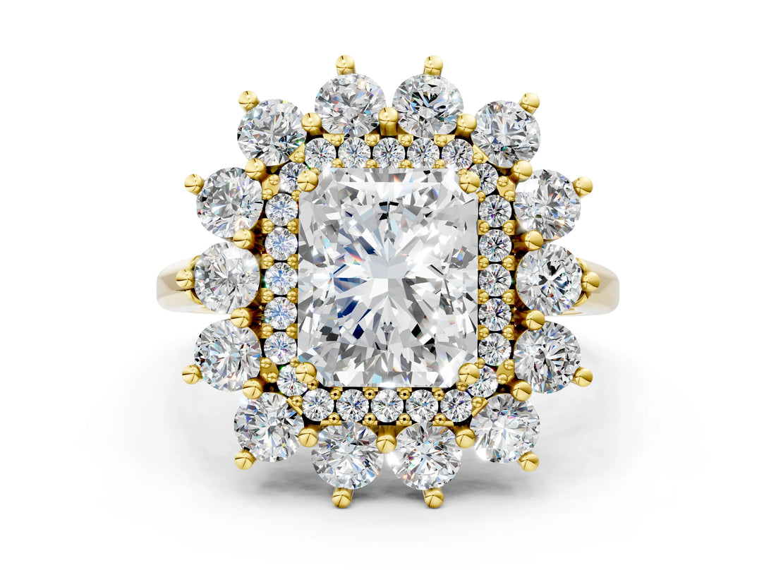 Yellow gold Radiant Cut Halo Cluster Diamond Ring with Pave Band and Four-Prong Setting_29