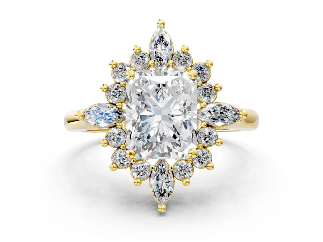 Yellow gold Radiant Cut Halo Diamond Cluster Ring with Marquise and Round Stones on a White Gold Band with Prong Setting_21