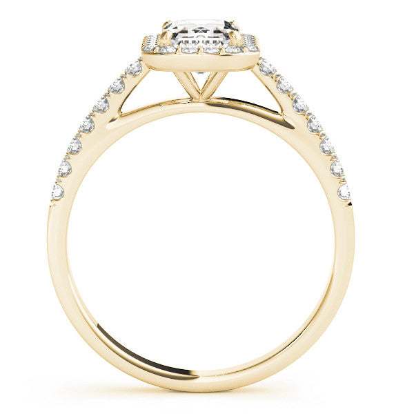 Yellow gold Radiant Cut Halo Diamond Engagement Ring with Pave Band and Four-Prong Setting