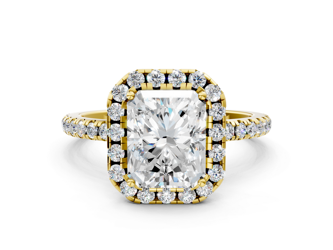 Yellow gold Radiant Cut Halo Diamond Engagement Ring with Pave Band and Four-Prong Setting_20
