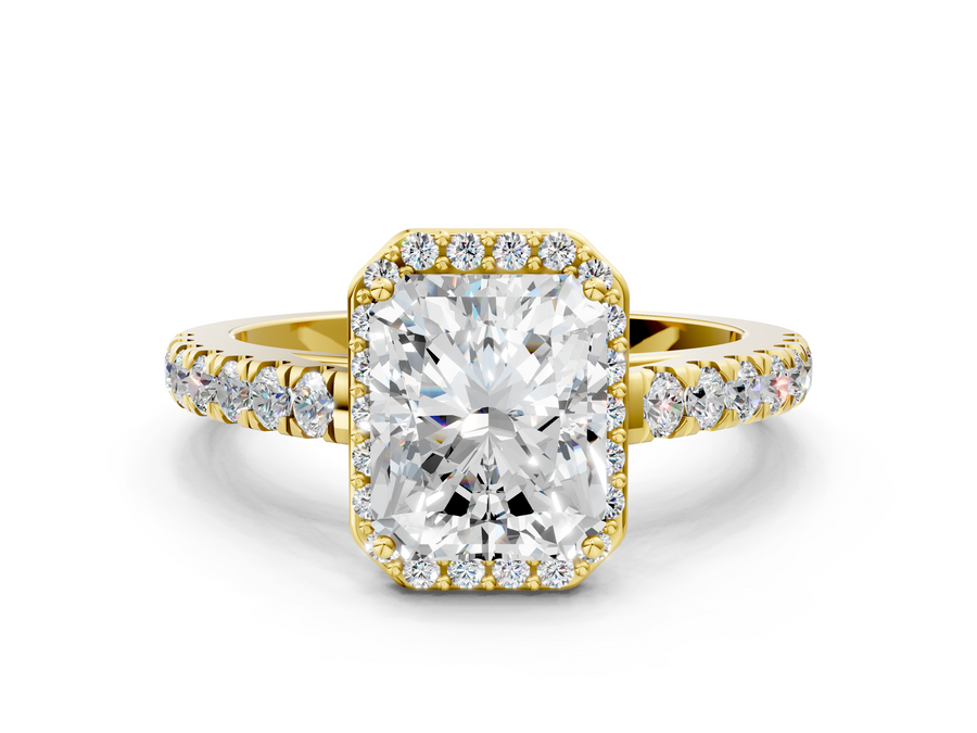 Yellow gold Radiant Cut Halo Diamond Engagement Ring with Pave Band and Four-Prong Setting