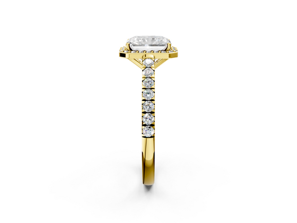 Yellow gold Radiant Cut Halo Diamond Engagement Ring with Pave Band and Four-Prong Setting