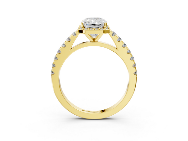 Yellow gold Radiant Cut Halo Diamond Engagement Ring with Pave Band and Four-Prong Setting