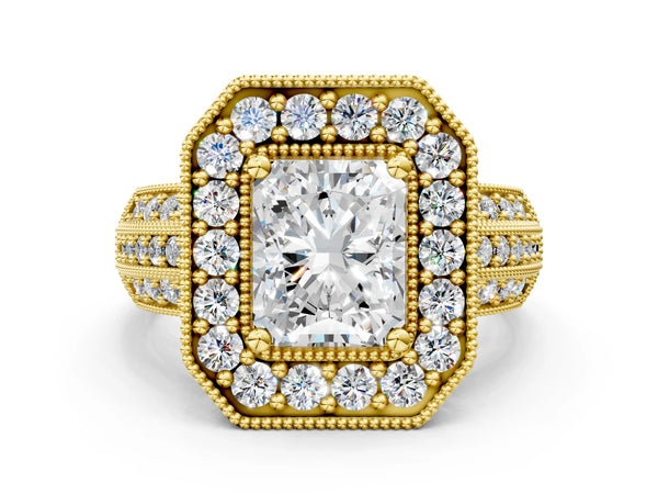 Yellow gold Radiant Cut Halo Diamond Engagement Ring with Pave Split Shank and Four-Prong Setting