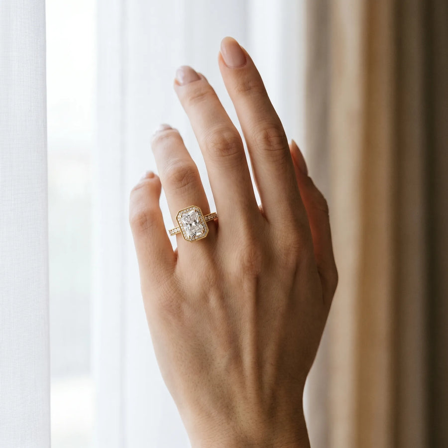Yellow gold Radiant Cut Halo Diamond Pave Band Ring with Four-Prong Setting